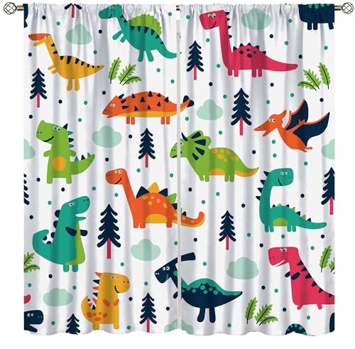 AuiMzoo Cute Dinosaur Curtains, Colorful Cartoon Dinosaur Animal Print Rod Pocket Decorative Curtains for Kids Boys and Girls Bedroom Toy Room42X54 Inch