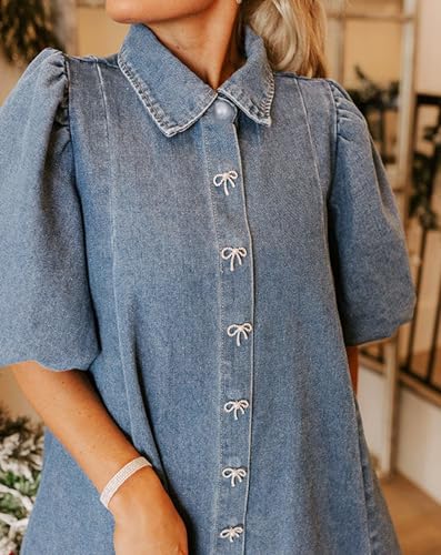 LifeShe Women's Blue Denim Babydoll Mini Dress with Puff Sleeves, Lapel Collar & Diamond Bow Decor2