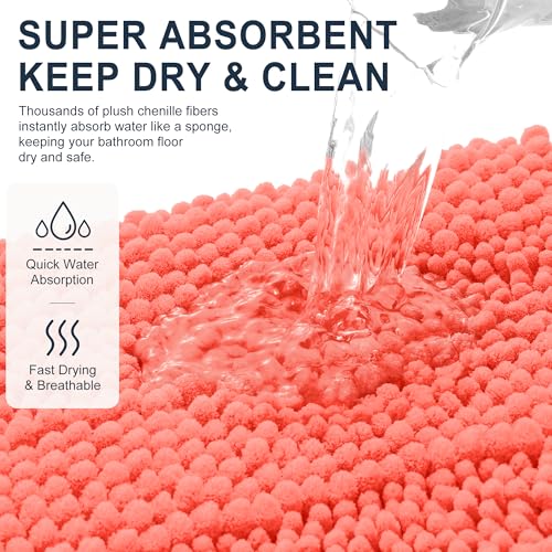 Image of Smiry Thick Chenille Bathroom Runner Rugs 44x24, Extra Absorbent Striped Bath Mat, Machine Washable, Rubber Backing, Long Bath Rugs for Tub & Shower, Modern Home Decor Accessories, Coral