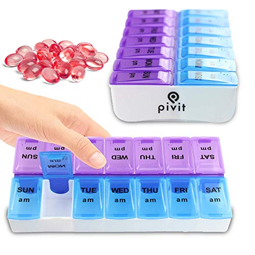 Pivit Weekly AM/PM Pill Box, Portable Travel Pill Organizer | 7-Day/Twice-a-Day | Moisture-Proof Design and Large Compartments to Hold Vitamins, Supplements and Medication