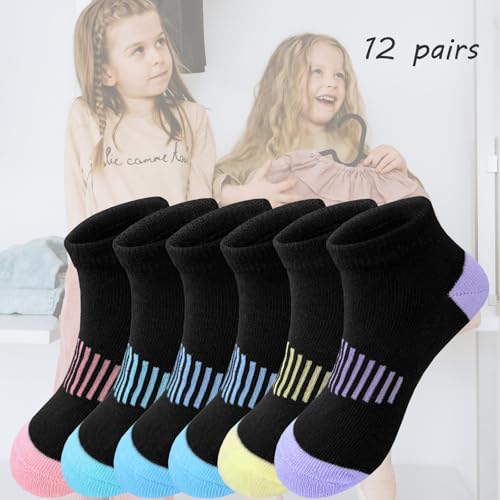 Girls Socks 12 Pairs Ankle Socks for Girls Kids Athletic Cotton Sports Sock Running Low Cut Sock4