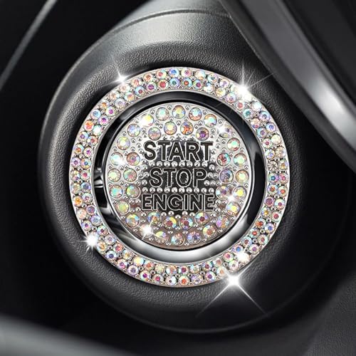 Eponcia 2PCS Rhinestone Push Start Button Cover Bling Car Accessories for Women Sparkly Diamond Push to Starter Stop Button Decorative Cover Key Ignition Knob Ring Crystal Emblem Sticker(Colorful)