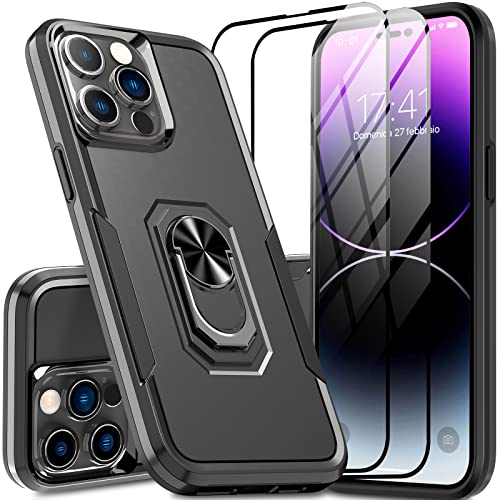 Oterkin für iPhone 14 Pro Max Hülle,Standard Militärschutz iPhone 14 Pro Max Handyhülle mit [ 2Stücke 9H Schutzfolie ]+ [360°drehbarem Ring] Stoßfeste Schutzhülle Case für iPhone 14 Pro Max(Schwarz) Cover