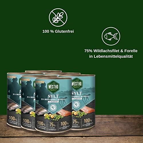 WESTHO Nassfutter Sylt Adult Senior (6 x 800 g) | 75% Wildlachs & Forelle | Getreidefrei | Zum Konditionsaufbau | Zur Haut und Fellpflege | Premium Hundenassfutter
