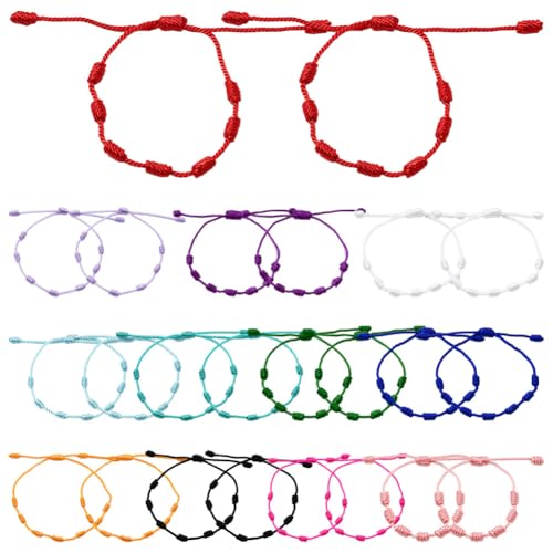 SOFPLATE 24 Pulsera Roja de 12 Colores Y 7 Nudos de Protección de Colores Tejida de Poliéster Ajustable de Nailon con Cordón Tibetano para Joyería Regalo de Amistad Bricolaje Decoración.