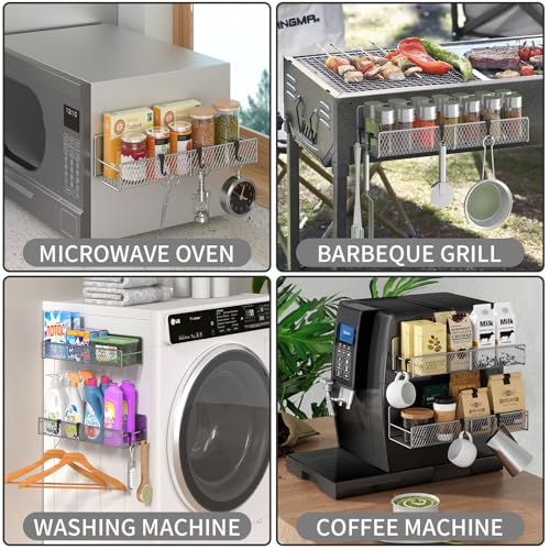 Magnetic Spice Rack for Refrigerator, 2 Pack 100% Metal Strong Magnet Shelf, Space Saving Spice Organizer W/ Hooks, Movable Magnetic Fridge Shelf, Kitchen Home Laundry Room Storage Organization, Grey