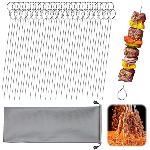 40 Pièces Pique Brochette Inox 25cm,Brochettes pour Barbecue Réutilisables en Acier Inoxydable avec Sac de Rangement Portable,Pique a Brochette Inox pour...