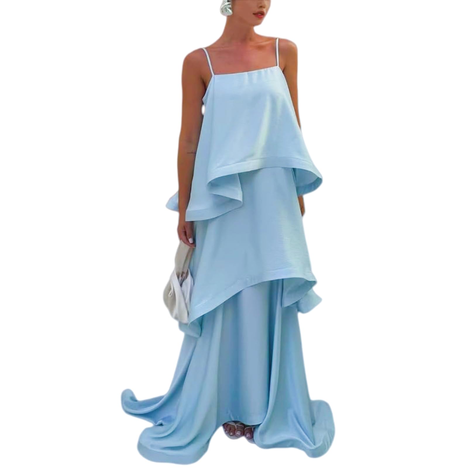 Women's Satin Spaghetti Strap Maxi Dress Layered Ruffle Hem Sleeveless Flowy Beach Vacation Gown