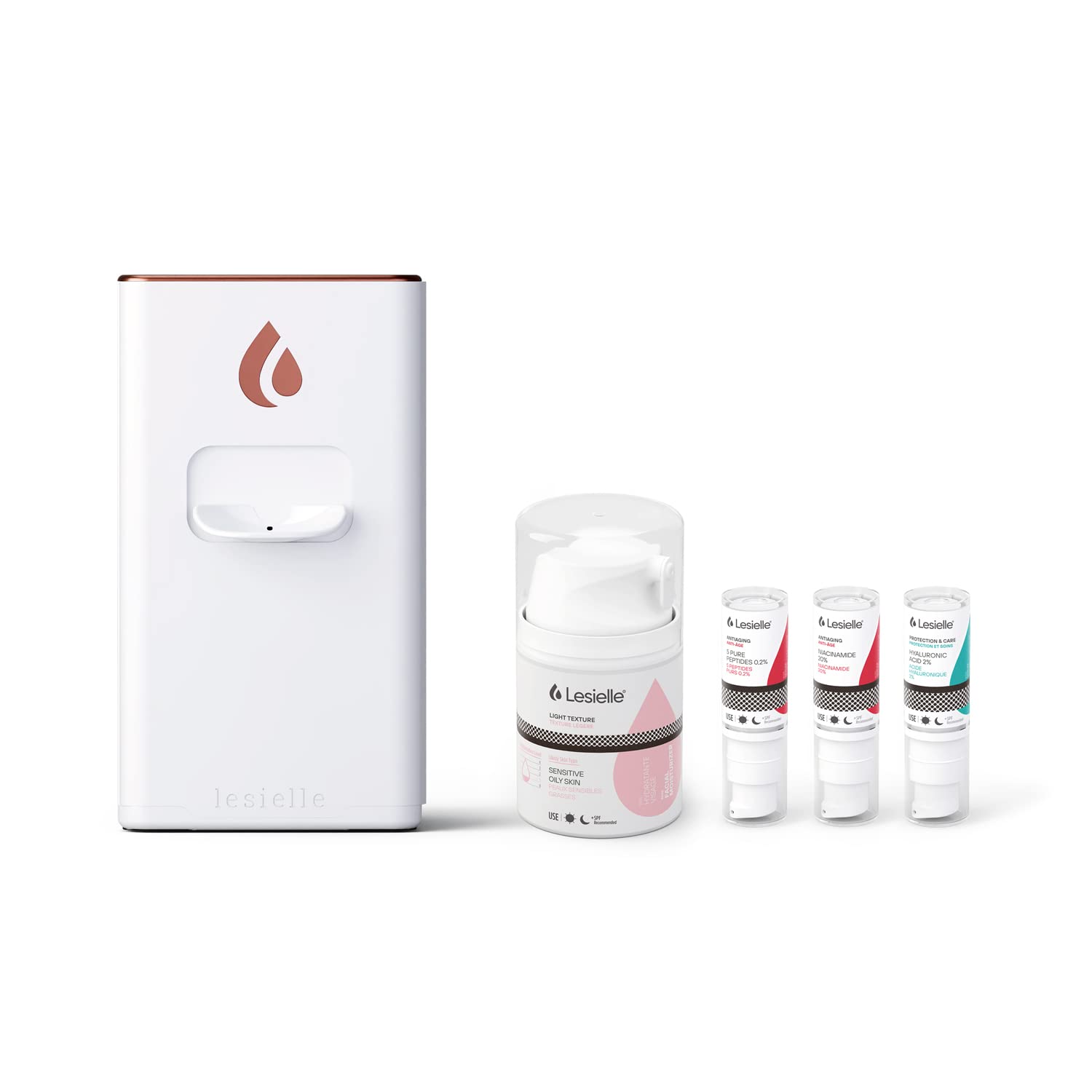 Lesielle Crema hidratante facial antiarrugas -Pack Antiedad- con Péptidos Vitamina b3 y acido hialuronico. PIEL GRASA SENSIBLE mujer/hombre. Cosmética Personalizada y Adaptativa. Incluye Dispositivo