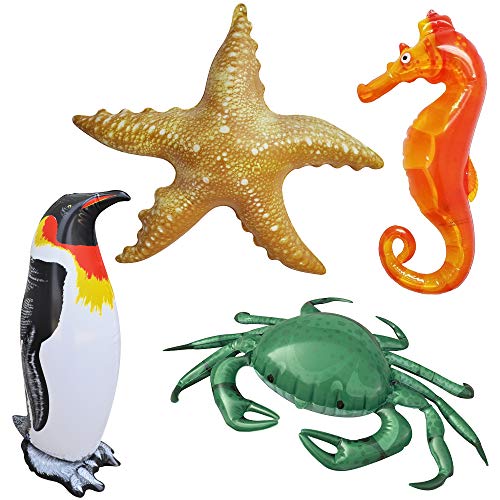 Jet Creations Inflatble Crab Penguin Starfish Seahorse Air Stuffed Plush Animal Party Favors for Kids Decorations Figures, 4 Count, Size 20 inch, JC-OCEAN3