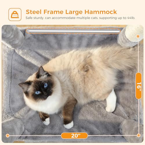 Image of MUTTROS Cat Tree for Large Cats Adult with Metal Plush Big Hammock, 56.3 inch Cat Tower with 2 Door Condo House, 6-Tier Cat Shelves with Scratching Posts and Large Top Perch, Gray