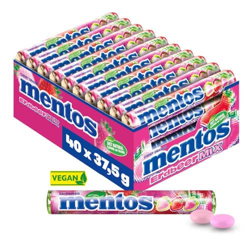 Mentos Erdbeere-Mix Dragees, süß-saure Frucht-Bonbons, fruchtig-spritzige Kaubonbons, Süßigkeiten Multipack (40 Rollen), vegan