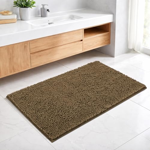 Image of LUXE HOME INTERNATIONAL Shaggy Chenille Bath Mat Extra Soft Super Absorbent Anti Skid Slip Popcorn Door Mats for Home Entrance, Bathroom, Bedroom, Kitchen, Floor Mat (45x75 cm Chocolate) Pack of 1