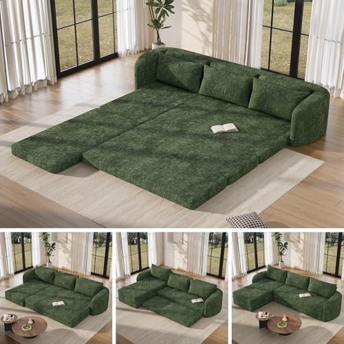 Image of Vesgantti 6 in 1 Convertible Folding Sleeper Sofa Bed, No Assembly, Green | 110.2 inch L Shaped Modular Sectional Sofa, Curved Armrest, Deep Seat Boneless Couches for Living Room, Chenille, Left Facing