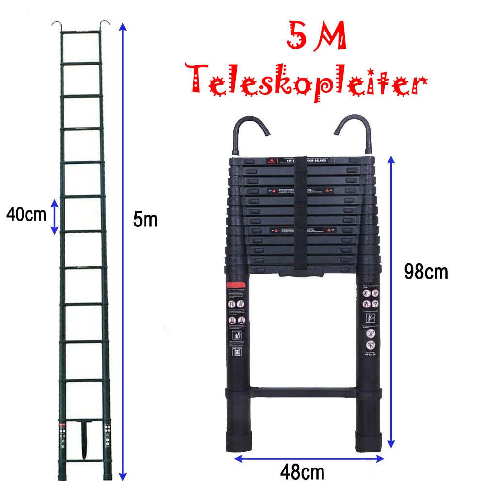 5m Aluminium Teleskopleiter mit 2 Haken, rutschfest Ausziehleiter Dachbodenleiter Ausziehbar Anlegeleiter, Sprossenleiter mit 13 Sprossen, Multifunktionsleiter Leicht zu Tragen, 150kg Tragkraft