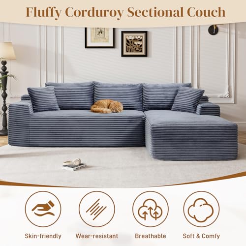 Image of 95 inch L Shaped Boneless Sectional Couches, Wide Armrest, Deep Seat, Memory Foam, Assembly Free, Modern Comfy Corduroy Fluffy Cloud Sofa with Right Chaise for Living Room, Small Spaces, Grey