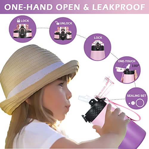 Goppus Kids Insulated Water Bottle 12 Oz Double Wall Vacuum Stainless Steel Kids Cup Leakproof Metal Water Bottles With Straw & Spout Lid Strap Handle 10Pcs Stickers For Toddler Girls Boys School #TOP2