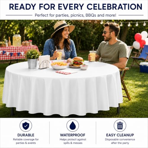 Image of Party Dimensions White Disposable Plastic Tablecloth, Round, 84 inch, 12 Pack | Disposable Waterproof Table Cover for Birthdays, Weddings, Graduations, Picnics & BBQs, Indoor /Outdoor, Fits Tables up to 72 inch