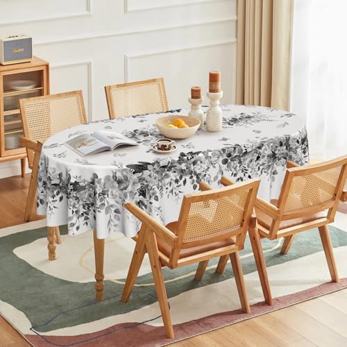 Image of Horaldaily Spring Tablecloth 60x84 Inch Oval, Eucalyptus Floral Grey Table Cover for Party Picnic Dinner Decor