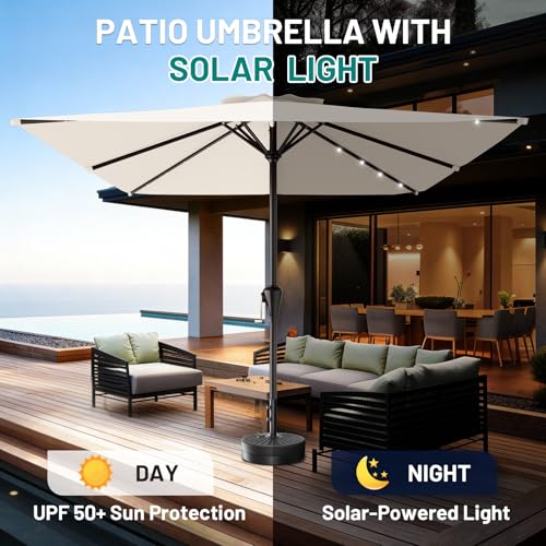 Image of AreShark 8' X 10' Rectangular Patio Umbrella with Solar Lights, Lighted Solar Umbrella with Crank, Outdoor Table Umbrella for Garden, Deck, Backyard, Pool and Beach, Cream-White