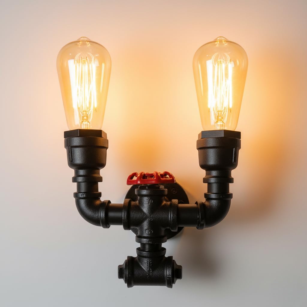 Industrial Twin Pipe Wall Light Black E27 Red Valve Steampunk Sconce