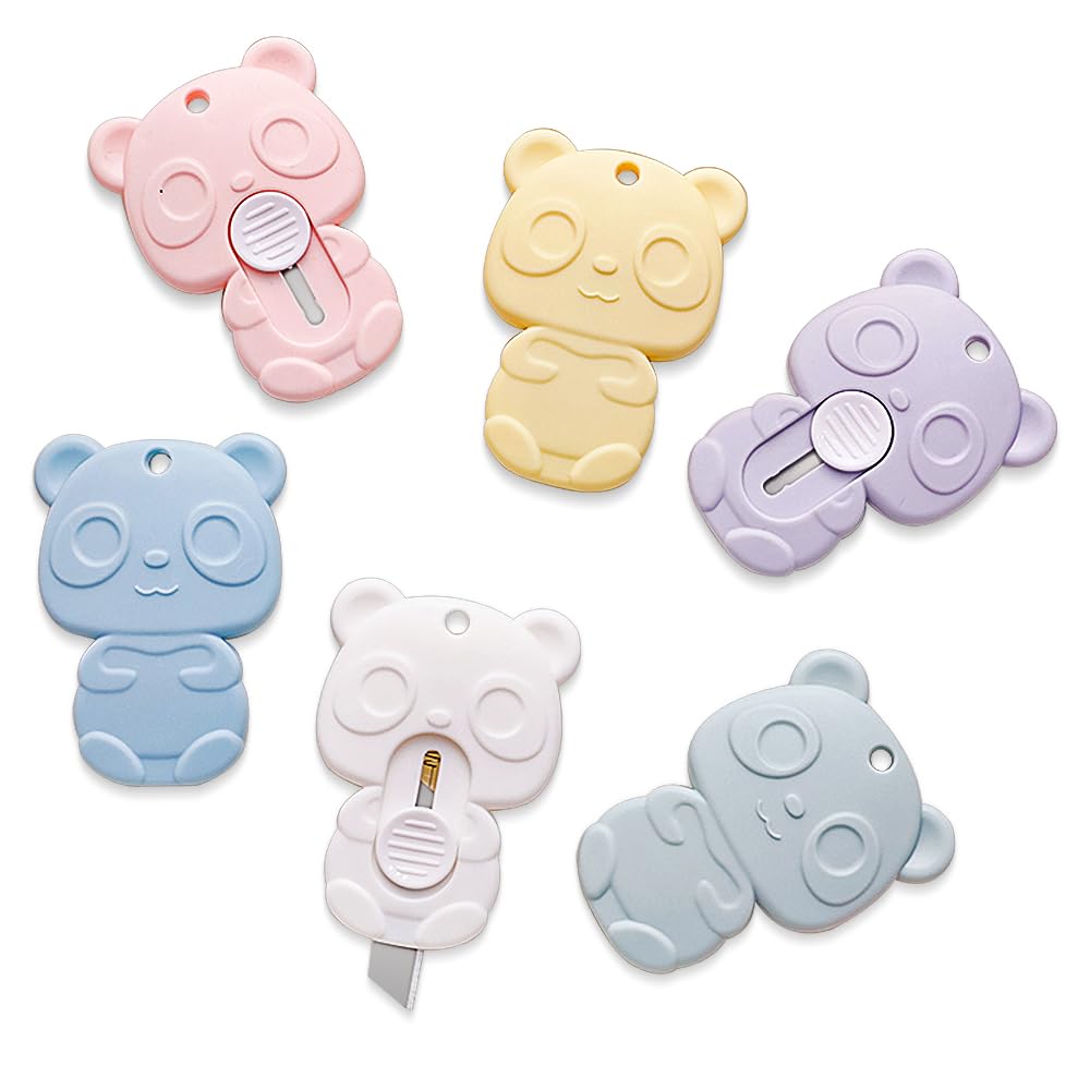 6 Pack Mini Box Cutter Retractable Utility Knife, Cute Panda Shaped Letter Opener Envelope Slitter, Portable Utility Pocket Knives for DIY Cutting Paper Home Office School Stationery