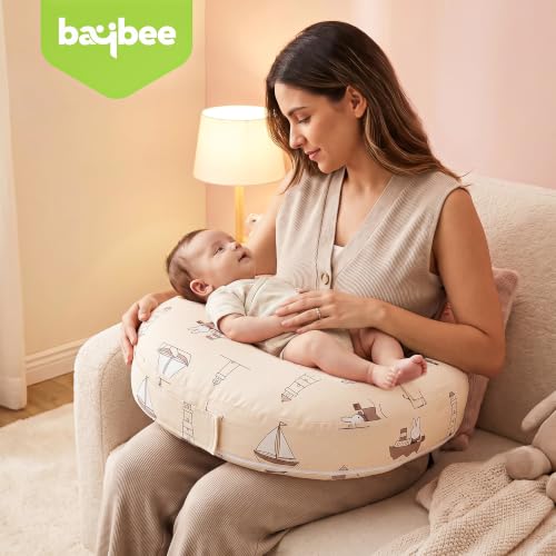 Image of BAYBEE Feeding Pillow for New Born Baby with Foldable Breastfeeding Cover | Feeding Cover for Nursing Mom with Adjustable Velcro & Back Support | Nursing Pillow with Removable & Washable (Beige)