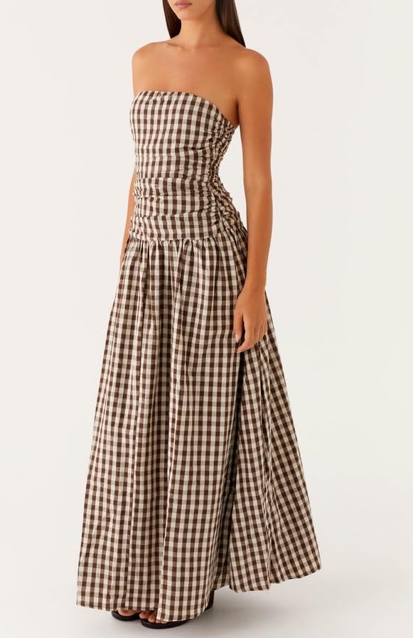 UAURORAO Women Gingham Strapless Maxi Dress Drop Waist Tube Long Dresses Off Shoulder Backless Flowy Cocktail Dress3