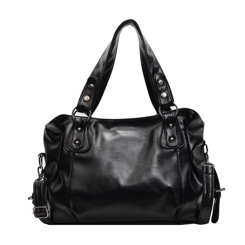 Bolso de mano para mujer de cuero, bolso vintage, bolso de hombro para clases Lycee, bolsas de hombro con correa ajustable para la escuela, viajes, Negro