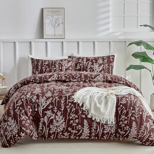Image of Lekesky Floral Duvet Cover King Size, Burgundy Duvet Cover King Plant Flowers Pattern Bedding Set for All Season, Soft Breathable Duvet Cover with Zipper Closure & Corner Ties