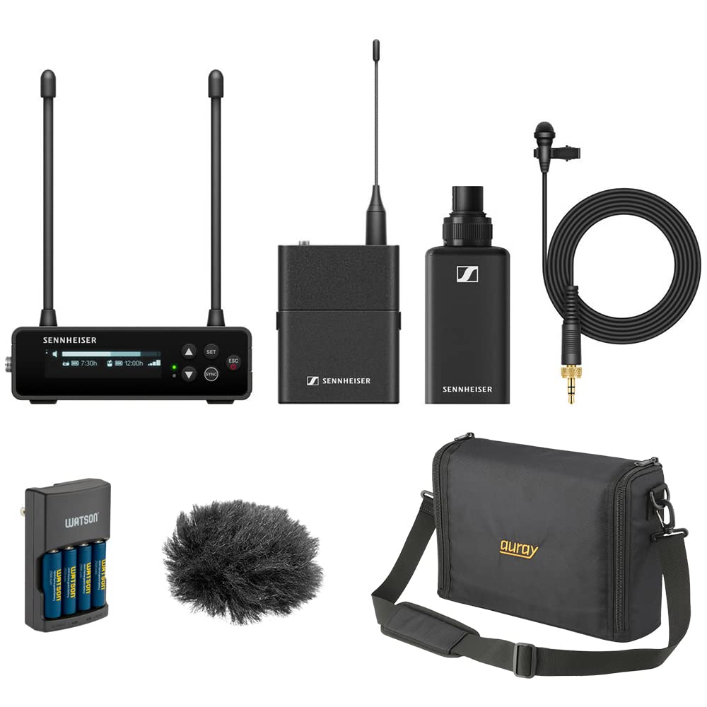 Sennheiser EW-DP ENG Set Camera-Mount Wireless Combo Microphone System (R1-6: 520 to 576 MHz) Bundle with Auray WSB-1S Carrying Bag, WLW Fuzzy Windbuster, and Watson Rapid Charger (4 AA Batteries)