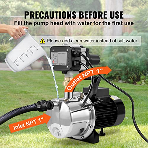 Vevor Shallow Well Pump, 1.5 Hp 115V, 1200 Gph 164 Ft Head, Max 87 Psi, Portable Stainless Steel Sprinkler Booster Jet Pumps With Automatic Controller For Garden Lawn Irrigation System, Water Transfer #TOP5