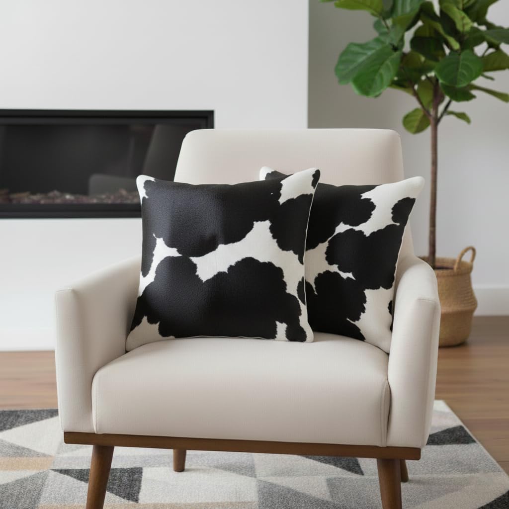 Bk.leather Girls Black & White Uk Home Decor Genuine Cowhide Cushion Pillow Covers Leather Hair On Cow Hide Skin Throw Pillow Covers (40 X 40 Cm) Set Of (Black/White, Pack Of 2)
