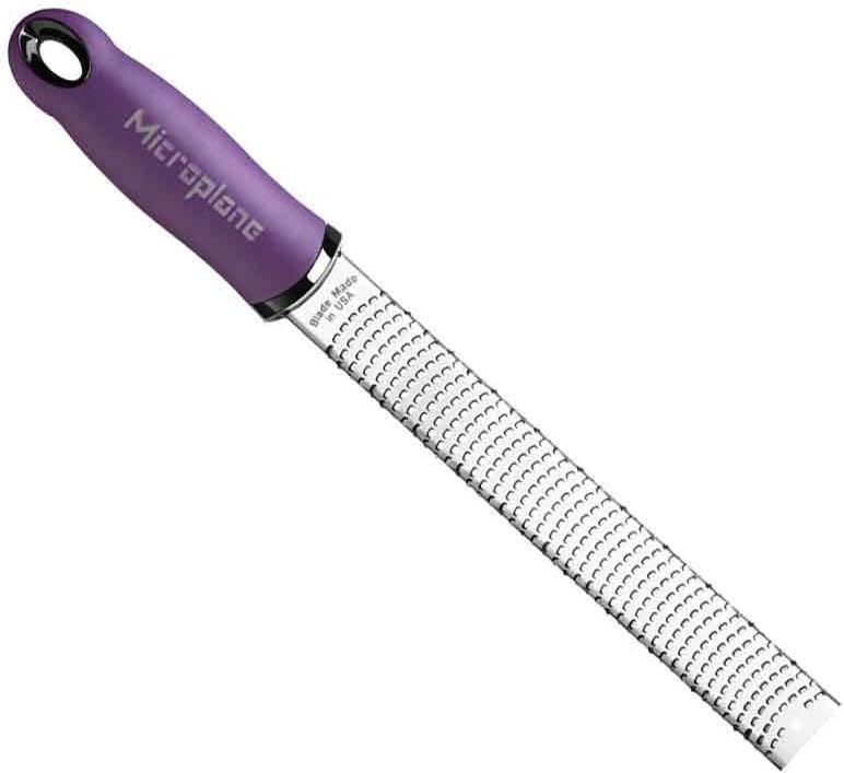 Microplane Zester Grater in Violet for Citrus Fruits, Hard Cheese, Ginger, Chocolate and Nutmeg with Fine Stainless Steel Blade - Made in USA