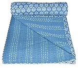 Vedant Designs Indigo Blue Cotton Kantha Quilt Twin Bedspread 90x60 Inch,Blue