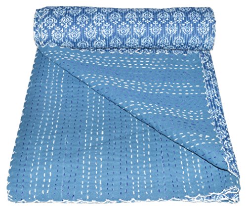 Vedant Designs Indigo Blue Cotton Kantha Quilt Twin Bedspread 90x60 Inch,Blue