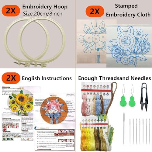Image of Allazone 2 Sets Embroidery Kit for Beginners, Stitch Practice Kits for Craft Lover Hand Stitch with Embroidery Fabric with Stamped Pattern, Starter Stitch Kits Suitable for Adults (Sunflower)