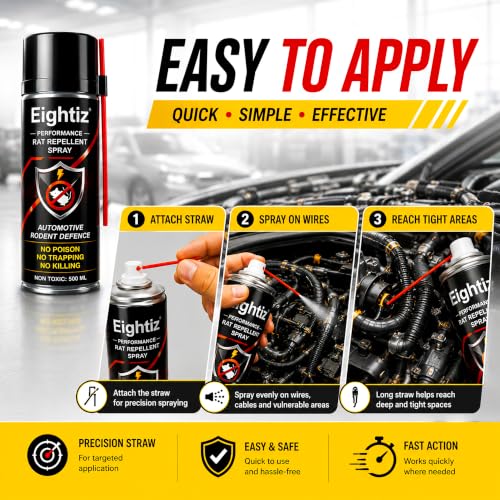 Image of Eightiz Rat Repellent Spray for Cars, Bikes, Computer No Mask Required, No Trapping Protect Wires in Car Bike Computer No Poisoning,No Killing, Unique Natural Active Ingredients 500 ml.