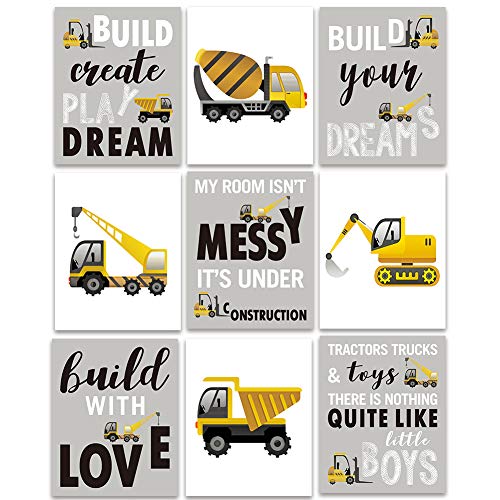 HPNIUB 9er Set Kinderzimmer Wandbild Junge,Fahrzeug Bild Babyzimmer,Bagger Bilder Kinderposter,Inspirerende Zitate Poster für Jungen Schlafzimmer Klassenzimmer Spielzimmer Wanddeko,ohne Rahmen,20×25CM Cover