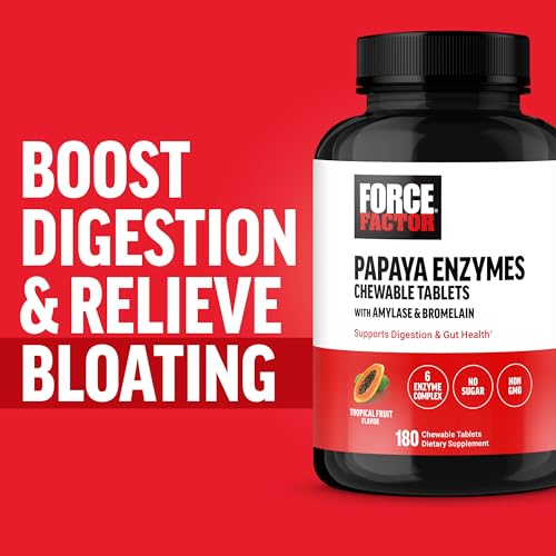 Image of Force Factor Papaya Enzymes Complex, Digestion Supplement and Bloating Relief with Amylase and Bromelain, Support Healthy Digestion, Sugar Free, Non-GMO, Tropical Fruit Flavor, 180 Chewable Tablets