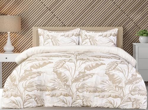 Casabella 4 Pc Luxury Double Duvet Set - Printed Brushed Microfiber Reversible Double Duvet - Duvet Cover, Fitted Sheet & 2 Pillowcase - Soft & Durable Duvet Cover - Tropical Leaf Natural Bedding Set