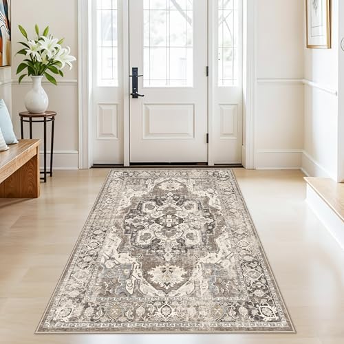 YOUFORTONG Washable 4x6 Area Rug: Vintage Soft Rugs for Kitchen Dining Room Low Pile Non-Slip Backing Carpet Ultra Thin Stain Resistant Floor Decor Mat for Living Room Bedroom (Beige/Brown/Grey, 4X6)