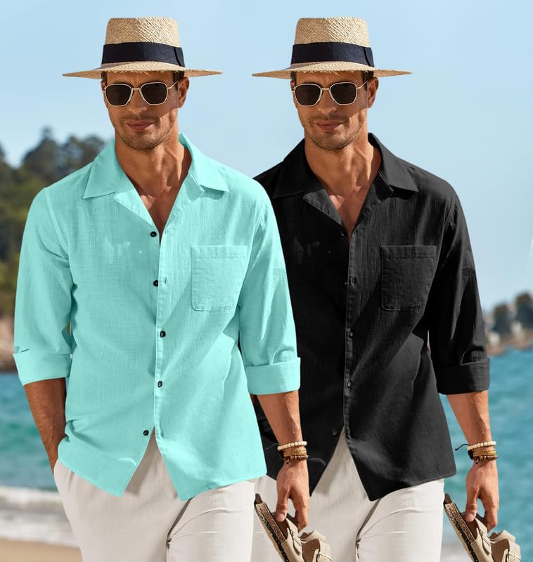 Image of Combo of Men's Casual Cotton Blend Shirt || Long Sleeve Button Down with Spread Collar | Lightweight Breathable Fabric | Stylish Solid Shirt for Beach, Office & Everyday Wear Pack of 2