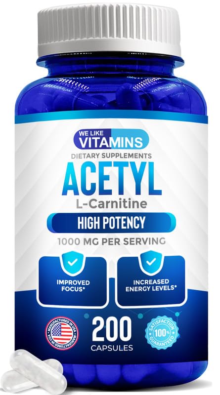 We Like Vitamins Acetyl L-Carnitine 1000mg Capsules - 200 Easy to Swallow Veggie Capsules - Acetyl l Carnitine Supplement Helps Support Focus, Brain