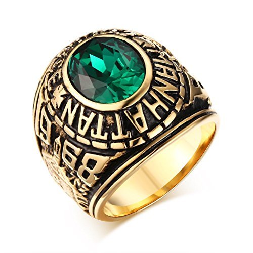 VNOX Stainless Steel Manhattan College Ring with Green CZ Crystal for Mens Womens Graduation Gift,Size 11