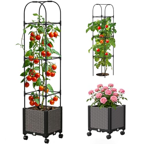 SUNYRISY Hochbeet mit Tomaten Rankhilfe, Blumenkasten mit Rankgitter und Rollenrad, Selbstbewässerung Pflanzkasten Pflanzkübel mit Garten Obelisk für Balkon Terrasse Kletterpflanzen