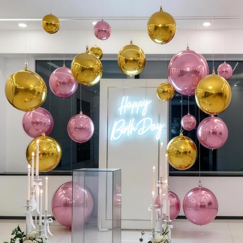 Image of 9 Pcs Pink Gold Round Foil Balloons Baby Light Pink Metallic Gold Chrome 4D Ball Balloons 22 In Orbz Mylar Balloon for Graduation Grad Birthday Wedding Anniversary Party Decorations