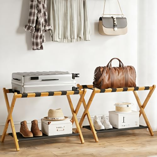 BAMBOOHOMIE Bambus-Gepäckständer für Gästezimmer 26 77 Zoll faltbarer Kofferständer mit Stoffablage verstärkter Kofferhalter für Hotel & Schlafzimmer Gepäckablage für Koffer (2er-Set Natur)