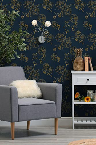 118"X17.3" Peel And Stick Wallpaper Gold And Blue Contact Paper Dark Blue Wallpaper Removable Wallpaper Floral Contact Paper For Walls Covering Vinyl Rolls #TOP1