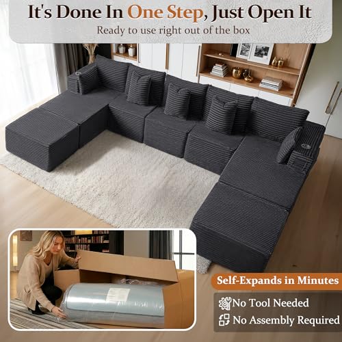 Image of 168 inch Cloud Sectional Couch, Comfort U Shaped Sofa for Living Room, Extra Deep Seats No Assembly, Minimalist Modular Couch, Corduroy (Dark Grey, 9 Seats,U-Shape B)